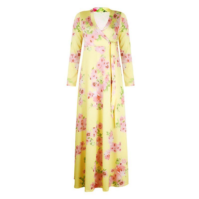 

Casual Printed Big Hem Dress Women Casual Print Large Swing Dress Yellow 5XL