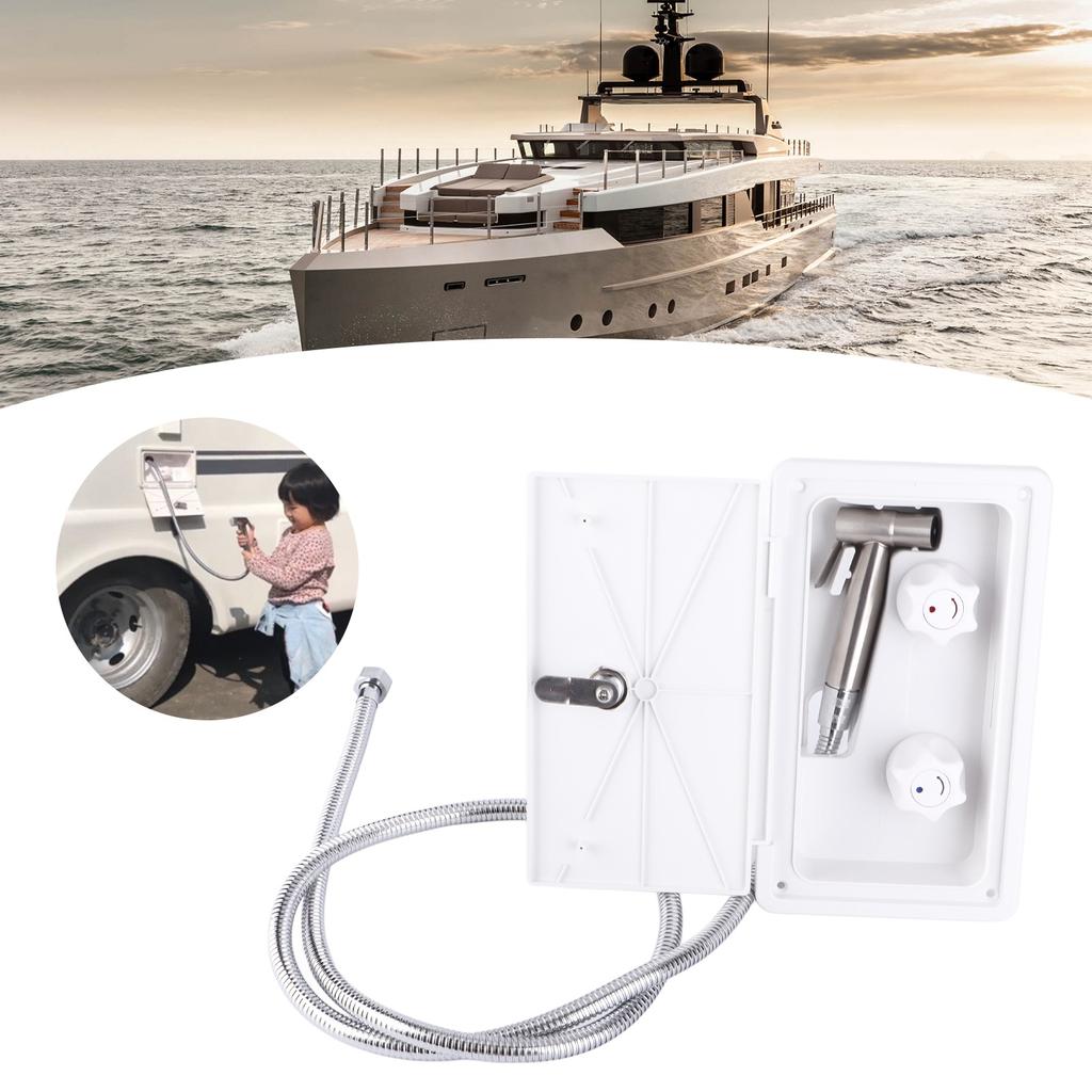 Wohnmobil Außen-Duschbox-Set Doppelventil Kalt Warm Doppelregler mit Metallschlauch Duschkopf Schloss Schlüssel