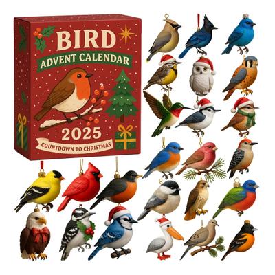 Bird Advent Calendar 2025 24 Days Christmas Countdown with Acrylic 2D Bird Hanging Decorations Holiday Gift for Bird Lovers
