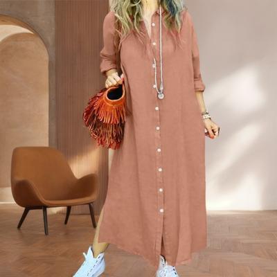 Abito Chemisier Casual da Donna a Maniche Lunghe in Cotone e Lino