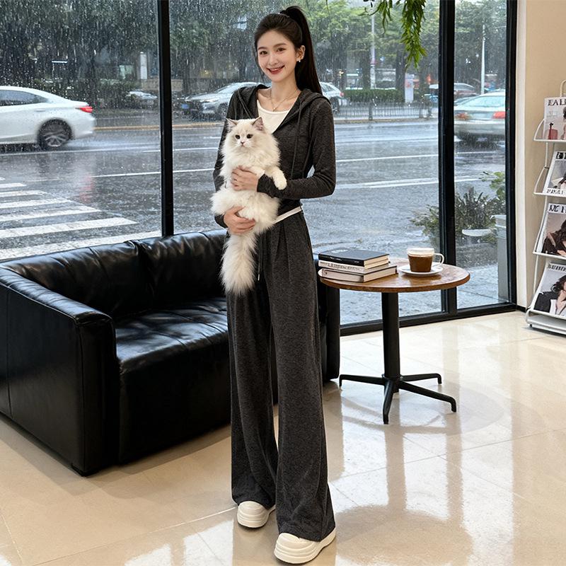 

Women s Spring 2026 Hooded Faux Two-Piece Top & Wide-Leg Pants Casual Sportswear Set Extra Large