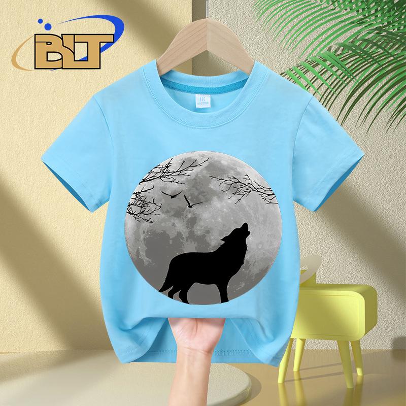 Howling Wolf printed kids Tshirt summer childrens pure cotton shortsleeved casual tops boys and girls gifts