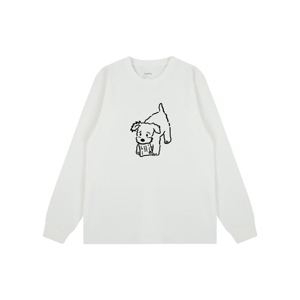 Korean Style Cute Cartoon Puppy Print Retro Cuffed Long Sleeve Couple T-Shirt - Pure Cotton Top