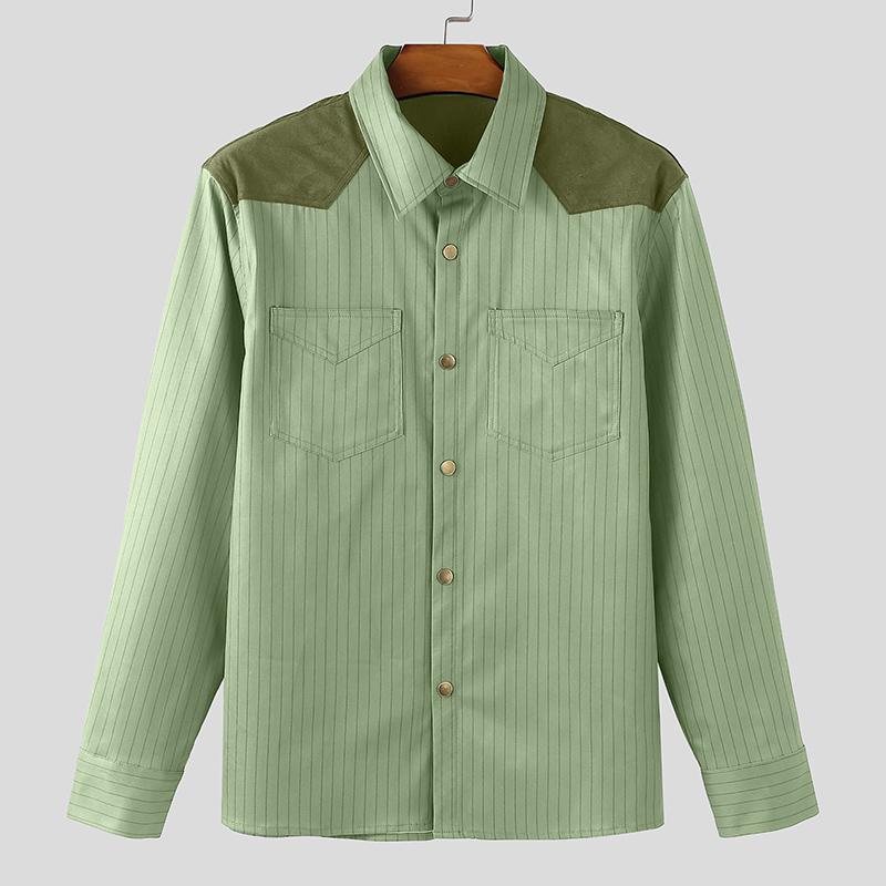 

INCERUN S-5XL Men Lapel Neck Long Sleee Patchwork Striped Print Buttons Down Shirts 5XL зелёный