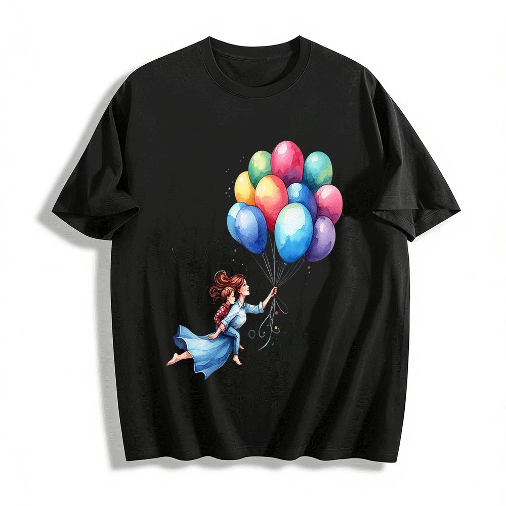 Mom And Kid Flying With Balloons Printed Casual Top Pure cotton T-shirt XXS