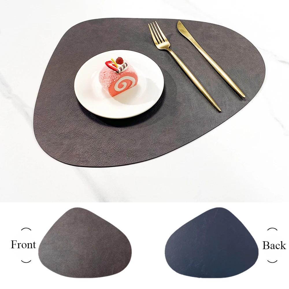 Double Sided Anti Slip PU Insulation Pad Table Mat, Nordic Style Imitation Cowhide Pattern Water Droplet Shaped Leather Placemat