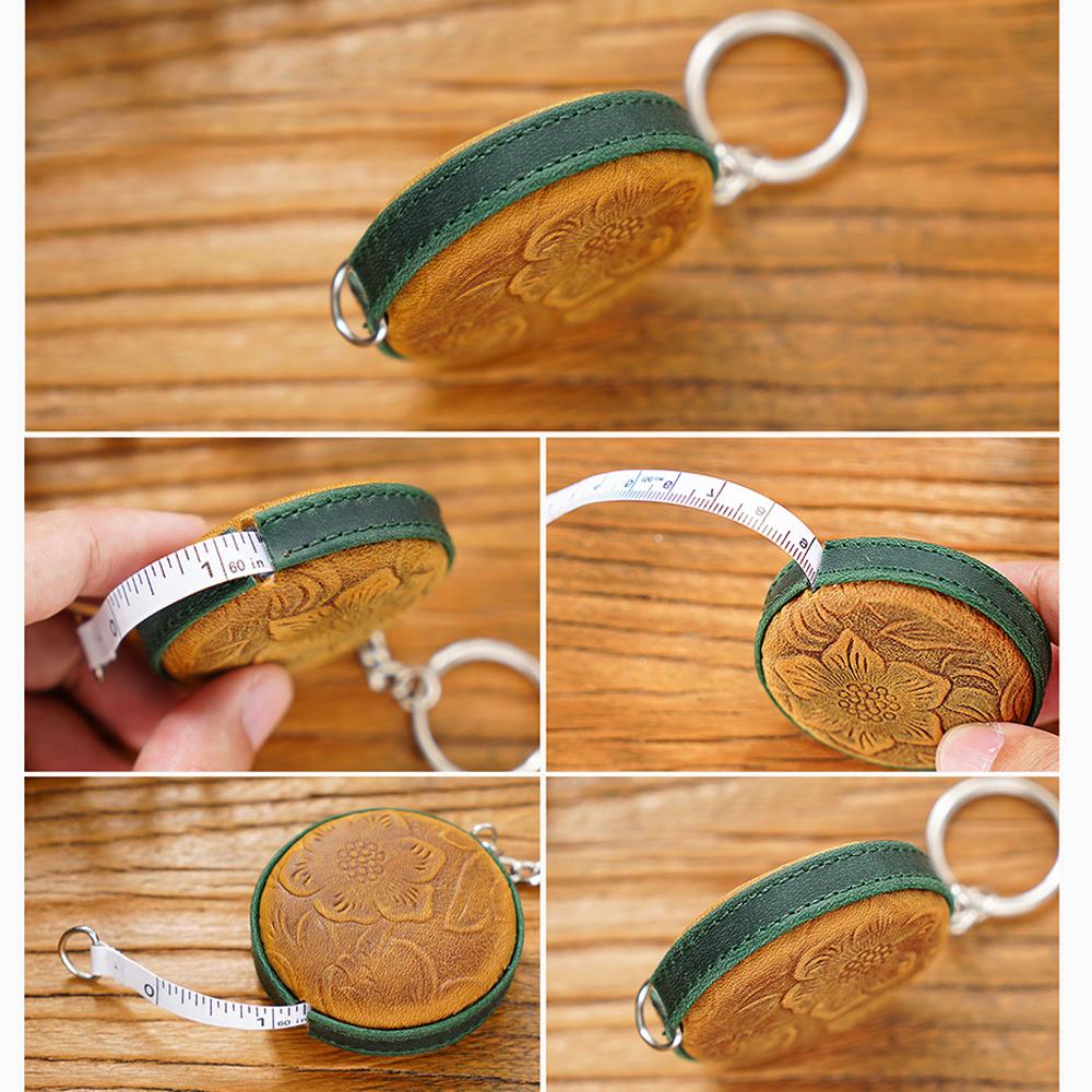Vintage Crazy Horse Genuine Cowhide Tape Measure Handmade Mini Sewing Ruler Retro Leather Keychain Pendant Measuring Tapes