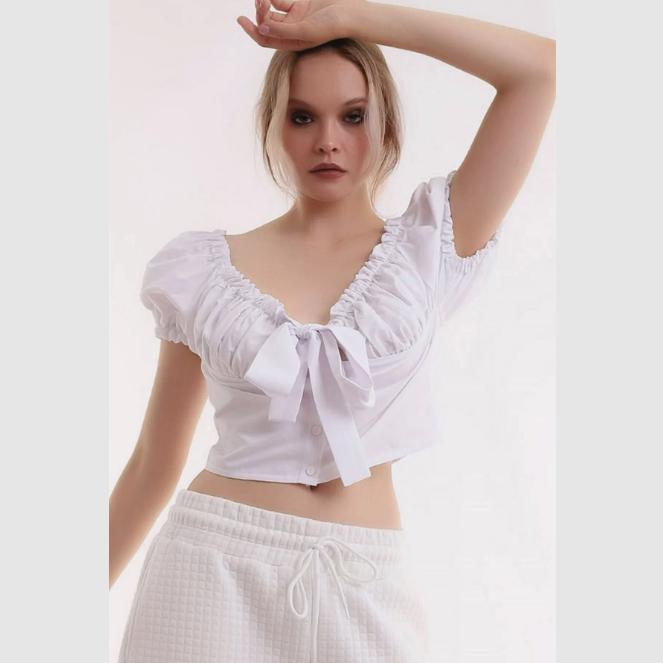 Collar And Sleeve Gathered Front Buttoned Ribbon Detailed Stylish And Sexy Blouse