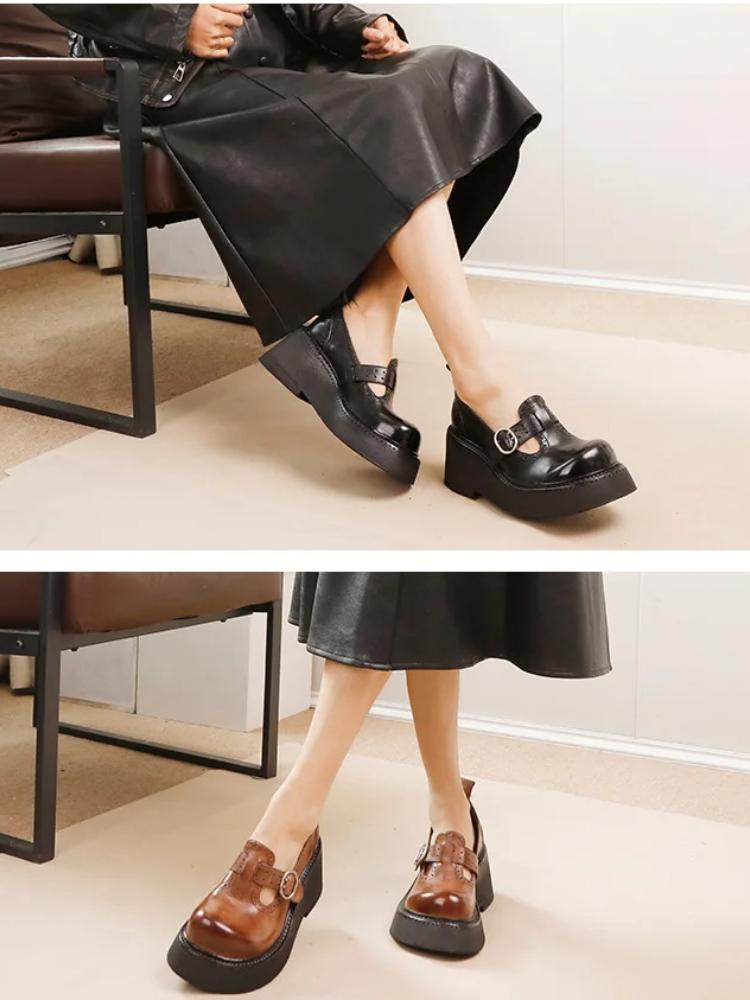 Johnature Retro Thick Soled Pumps Genuine Leather Wedges Shoes Round Toe Versatile Women's Platform Shoes