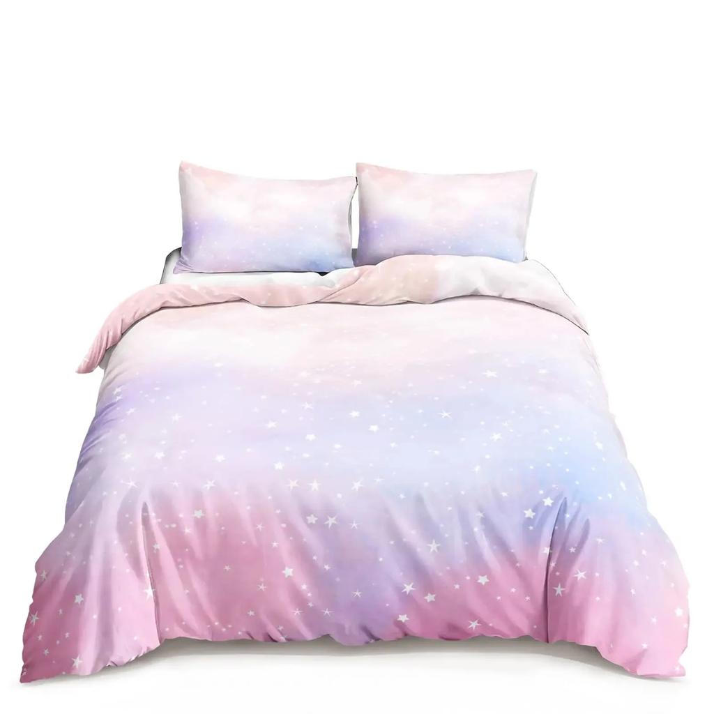 Kawaii Moon Starry Night Sky Duvet Cover Set Blue Pink Purple Star Galaxy Bedding Sets Full Size for Boys Girls Comforter Cover
