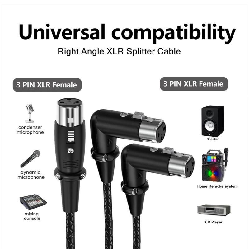 3Pin Splitter Cable 1 3Pin Female to 2 Female Y Cable Balanced Microphone Splitter Cord Sound Adapter 90 Degree