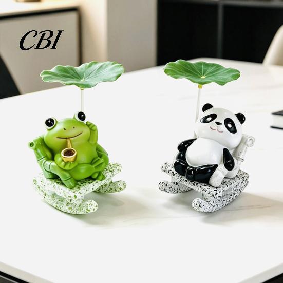 Lazy Frog Decor Rocking Panda Figurine, Cute Resin Bobble Chair with Lotus Leaf Design, Shade Stress Relief Desk Ornament for Car Shelf Office,