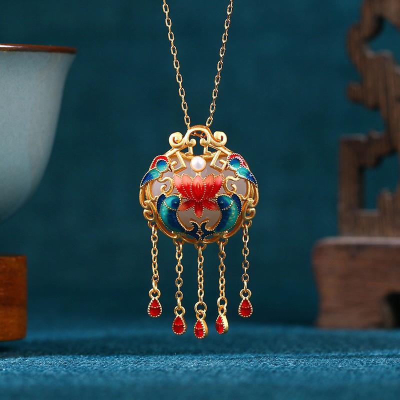 Elegant Chinese-Inspired Enamel Pendant Necklace With Gemstone Accents Women Gold-Plated O-Link Chain 41-50cm Adjustable
