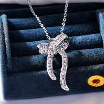 Spring Fresh Jewelry, Exquisite Ladder Square Zircon Bow Necklace, Women'S T Square Collarbone Chain.