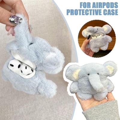 Lovely Blue Furry Elephant Plush Earphone Protective Case for AirPods4/Pro2 Cute Girl Kids Bluetooth Earphone Drop Protector