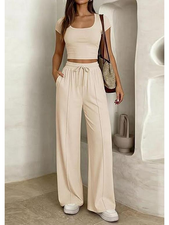 2026 Spring/Summer European & American Women's Casual Slim-Fit Two-Piece Set - Short Sleeve & Long Pants