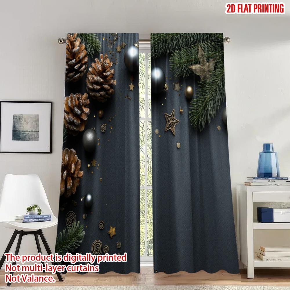

Flat Printing Merry Christmas Curtains Pinecones Stars Ornaments Digital Printed Polyester Drapes Festive Set Of 2 Made W100*H70(CM)-Rod Pocket&1PCS