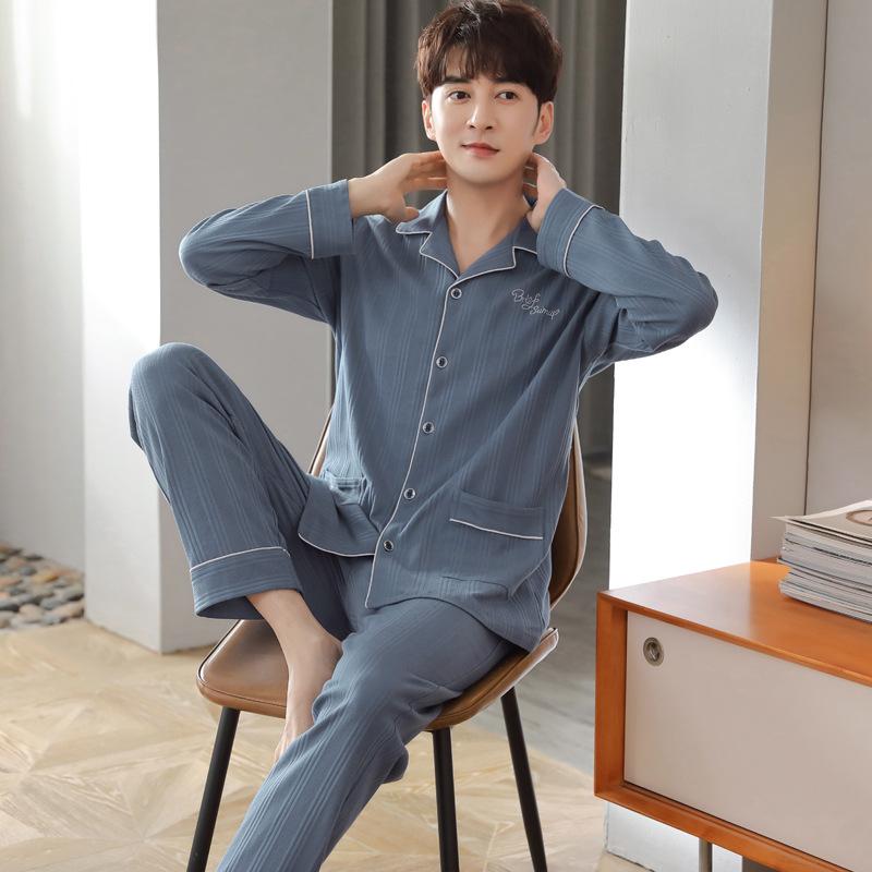 Pajamas Men'S Long Sleeves Pure Cotton Spring And Autumn Men'S Cotton Large Size Autumn Homewear Set
