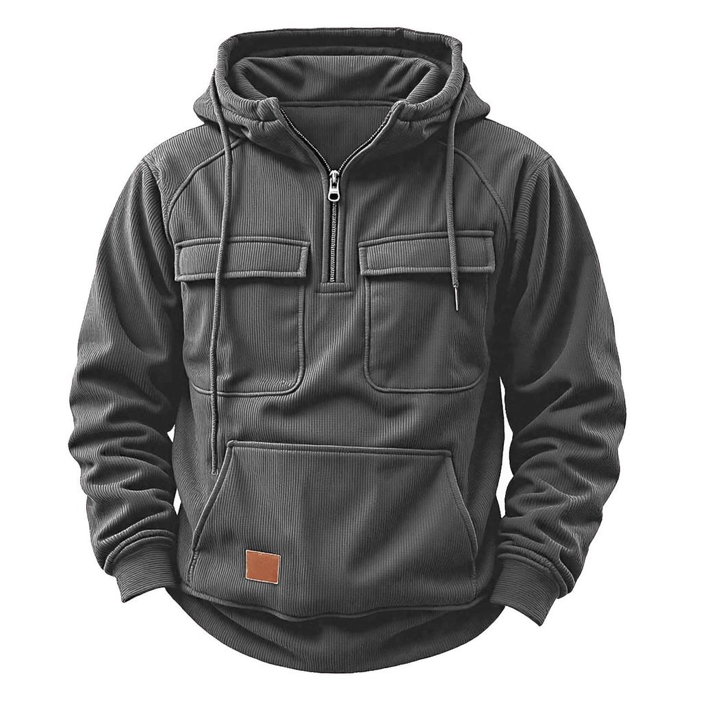 Men's Casual Multi-Pocket Zipper Hoodie - European Style for Autumn/Winter 2025