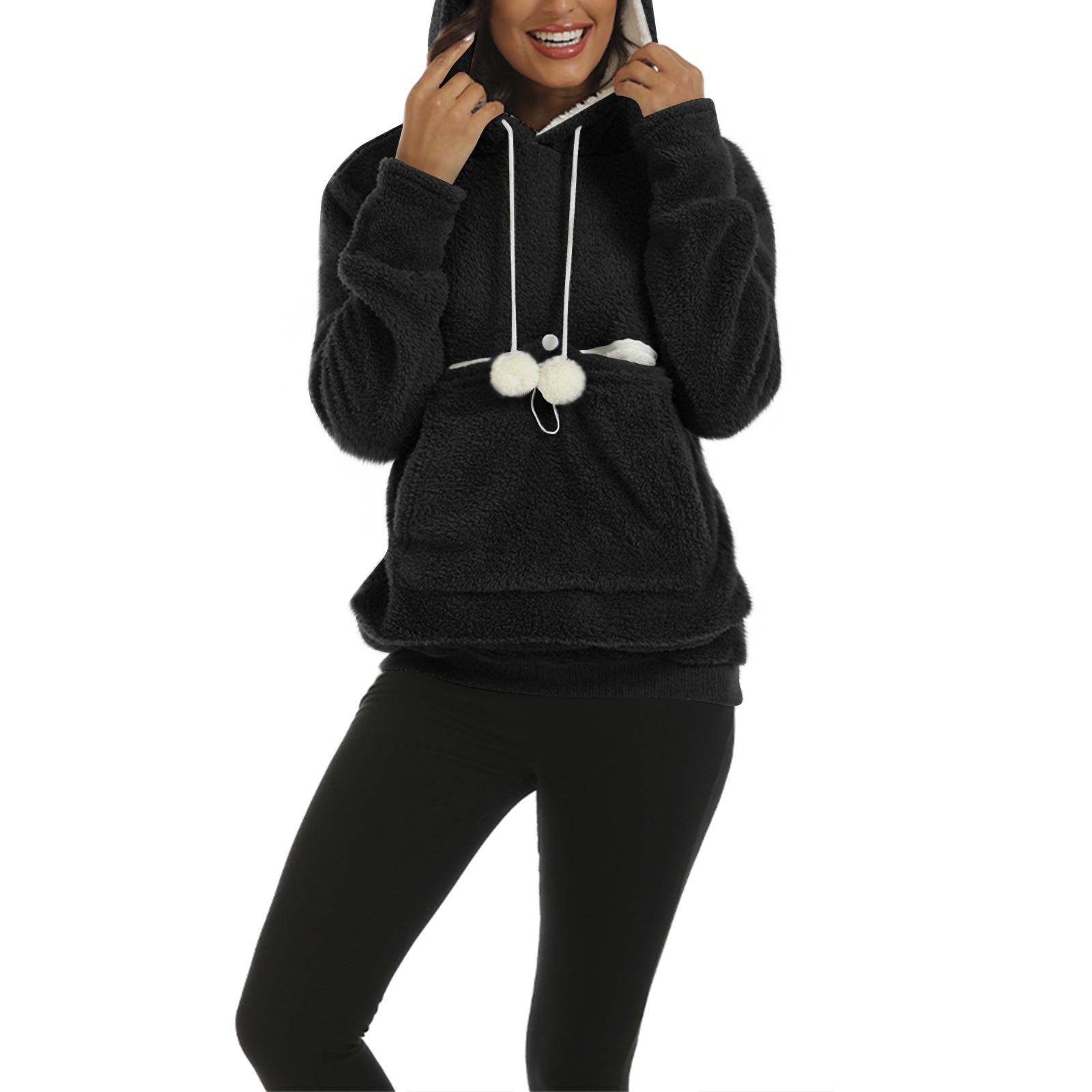 

Женский модный повседневный топ однотонный с длинным рукавом худи с карманом для питомца L чёрный