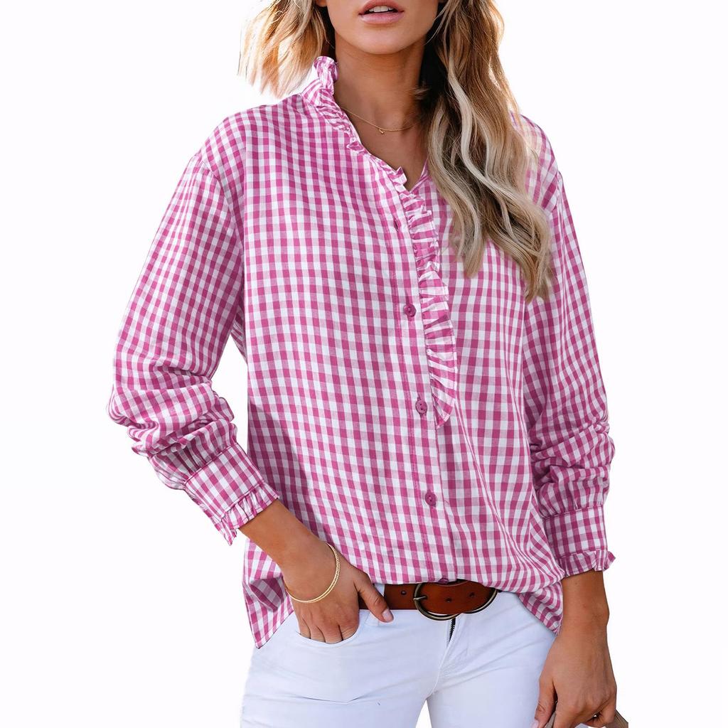 Women's Casual Fashion Plaid Ruffled Loose V-neck Shirt