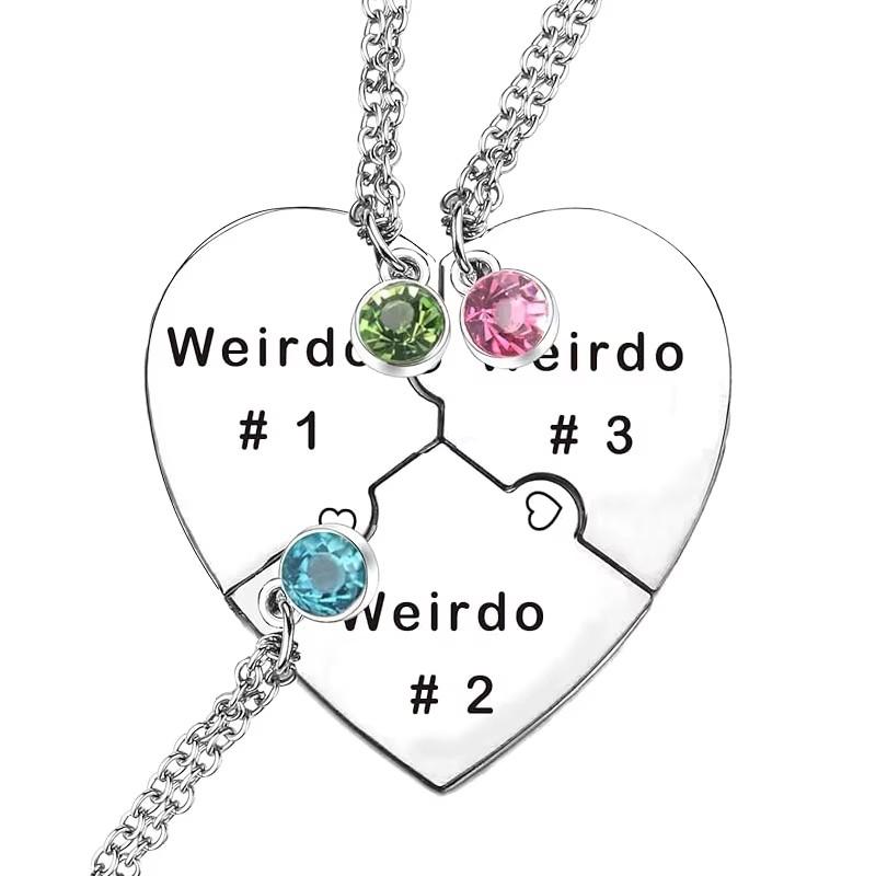 3 Pcs Cherry Blossom Weirdo 1 Weirdo 2 Weirdo 3 Heart Pendant Necklace Set Stainless Steel Sisters Friendship Jewelry Gifts