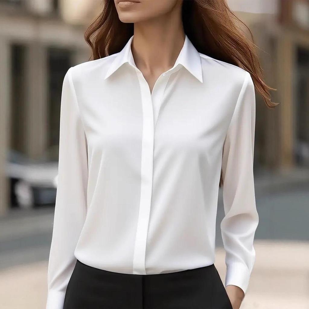 Women's 2026 Autumn Satin Lapel Shirt - Long Sleeve Solid Color Top