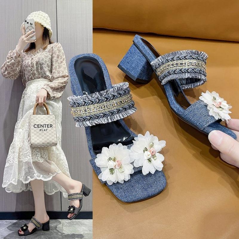 Modeschuhe für Damen 2024 Neue Blumen-Design Damen Sandalen Lässige Mode Slingback Sandalen Bequemer Dicker Absatz Outdoor Slides