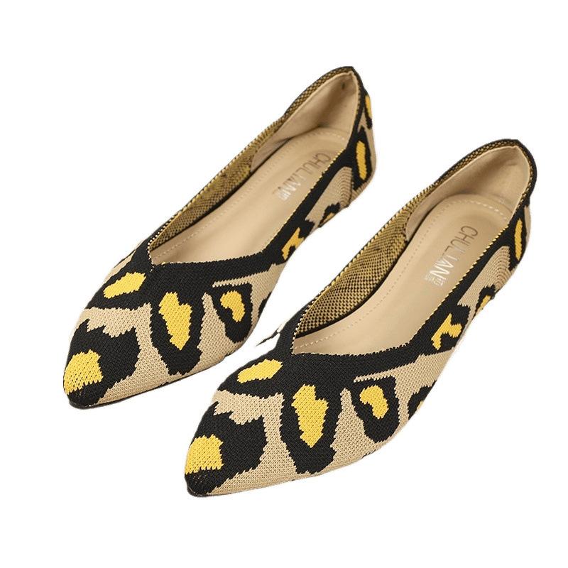 Pointed Fly-woven Shoes Flat-bottomed Breathable Woven Boat Shoes Leopard Print Light Mouth Striped Single Shoes Women