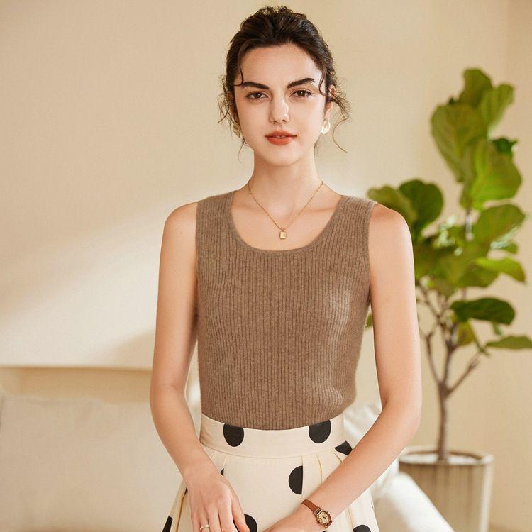 Women's 100% Pure Cashmere Ribbed Slim Fit Spaghetti Strap Vest - Autumn/Winter Knit Round Neck Inner Layer