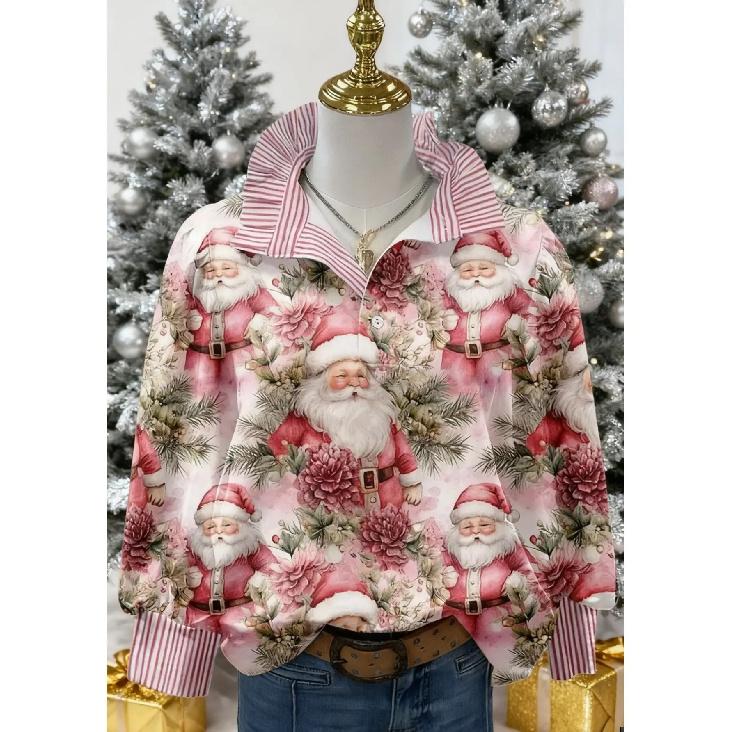 Blusa da Donna Retro con Motivo Natalizio - Colletto Classico Manica Lunga, Silhouette Ampia Casual, Top Festivo con Stampa Albero di Natale Adatto per Autunno/Inverno