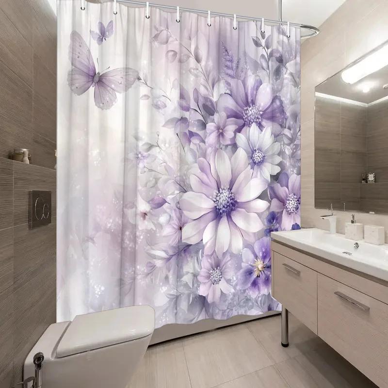 ~O~1pc Lavender Floral & Butterfly Shower Curtain - Purple Daisies & Asters, Dreamy Gradient Background, Polyester, 70.8x70.8"