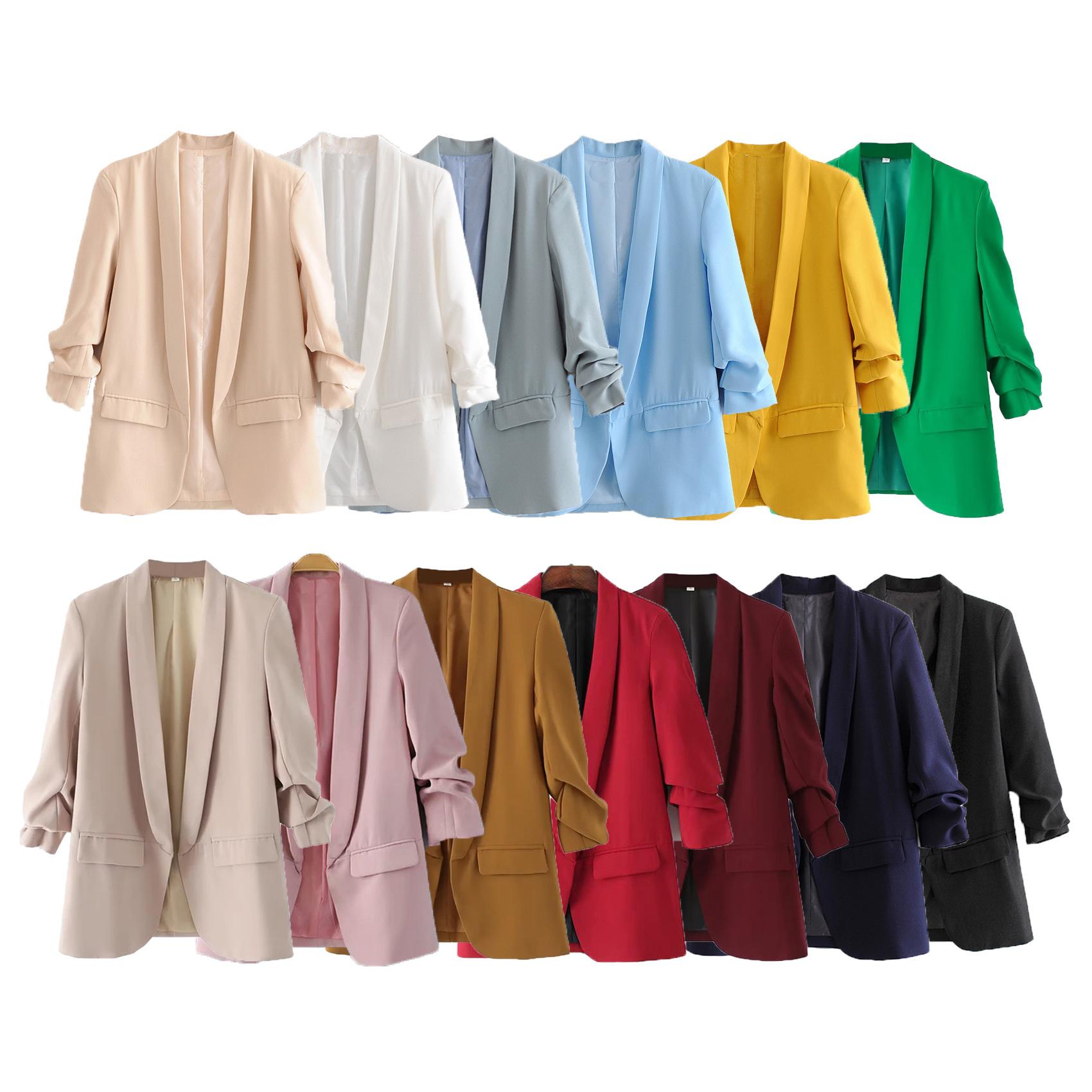 

2022 Осень Многоцветный Европейский и Американский Стиль Женская Плиссированная Тонкая Куртка Candy Cuff Navy Blue