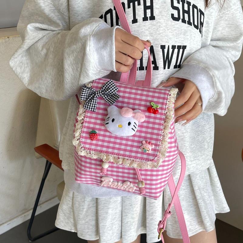Children's Cute Cartoon Cat Red Grid Backpack Little Girl Lace Decorative Schoolbag New School Backpack