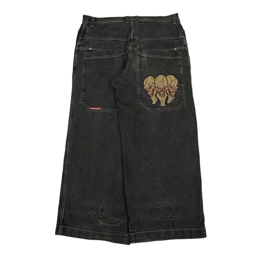 Streetwear JNCO jeans Y2K hip-hop cartoon pattern loose black pants men's and women's wide-leg pants wholesale