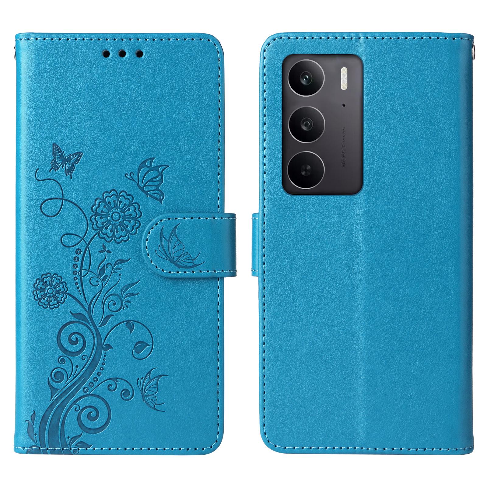 

Чехол для Oppo A5 5G/4G/Realme C75 5G/C75 4G/C71 4G/14x 5G Бабочка Цветочный оттиск Кошелек Подставка Кожаный чехол для телефона Blue