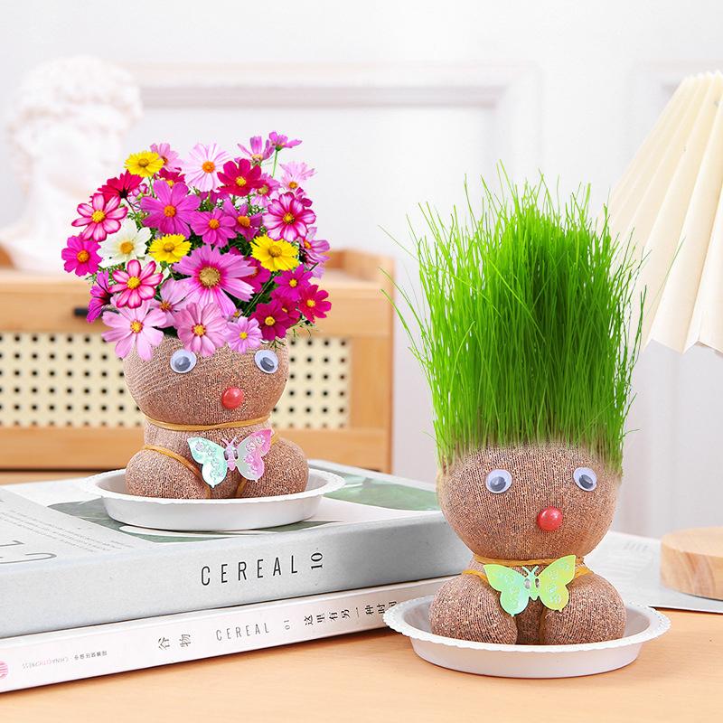 Room Decor Mini Grass Head Doll Small Potted Plant Watering Green Plants Beautiful Children Gifts Indoor Balcony Pot Planters