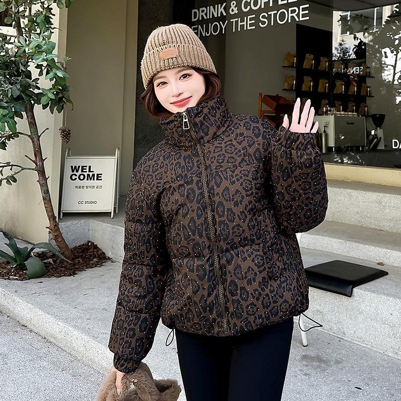 Short leopard print down cotton jacket women's winter new stand-up collar long-sleeved top warm and thicker