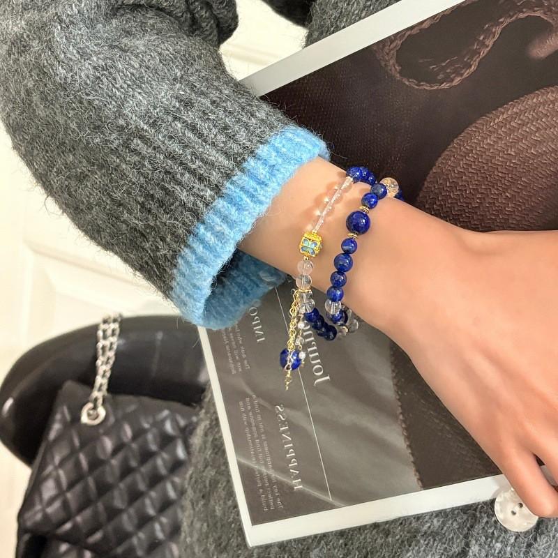 New Chinese Style Vintage Natural Lapis Lazuli Clear Quartz Double Circle Bracelet Womens High-end Jewelry