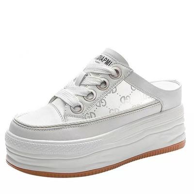Fashion Breathable 8cm Genuine Leather Women Casual Shoes White Platform Wedge Hidden Heel Shoes White Shoes Chunky Sneakers Skateboard