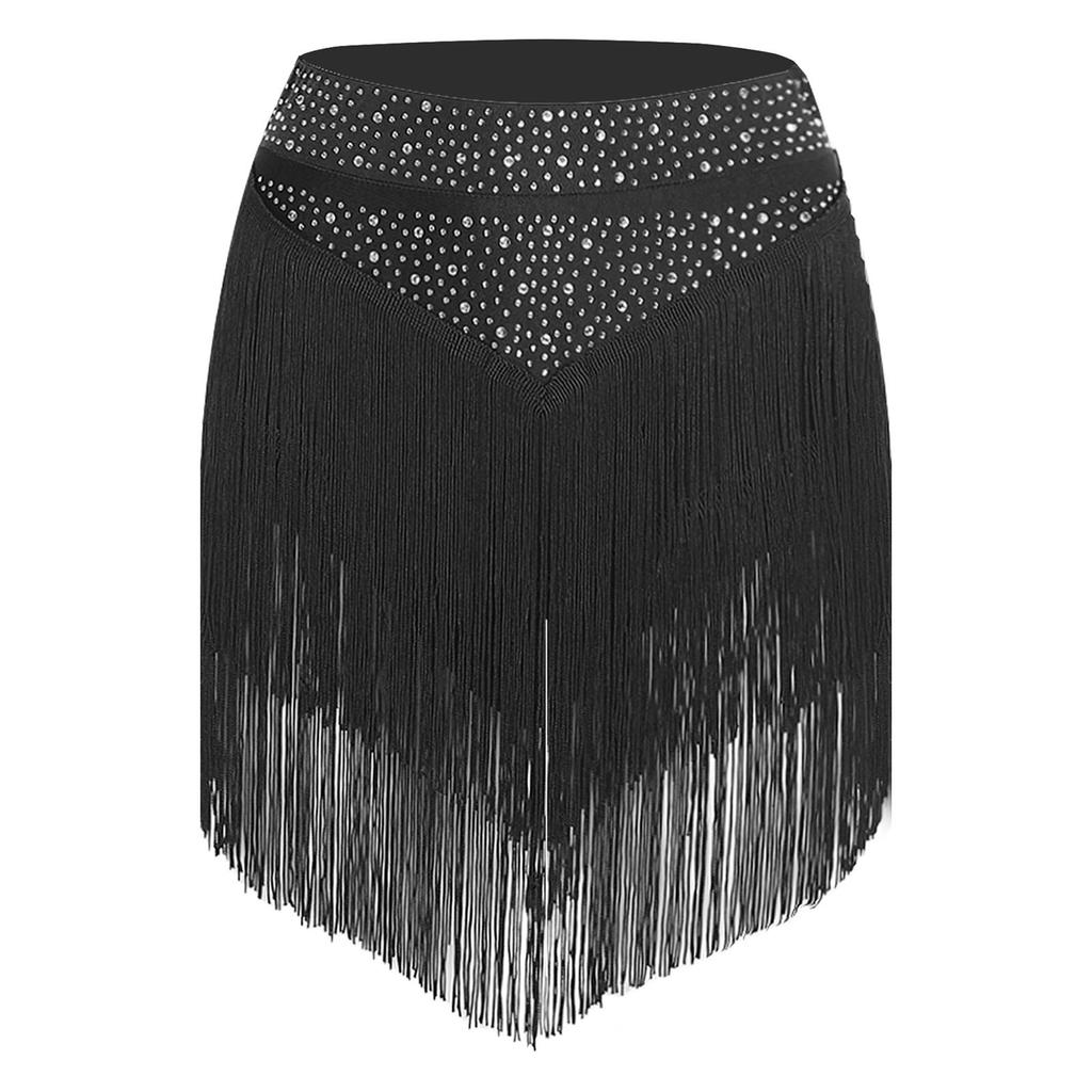Womens Salsa Dance Costume Elastic Waist Tiered Tassel Skirt Latin Performance Competition Outfit Party Wear