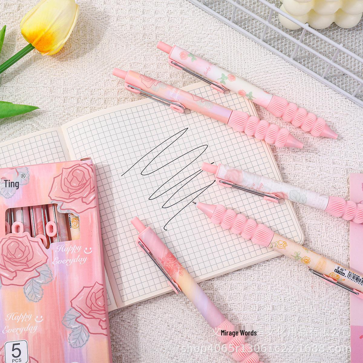 Steel Clip Pink Rose Quick-Dry Exam Pen - Soft Grip Black Push-Button Neutral Pen 0.5 mm