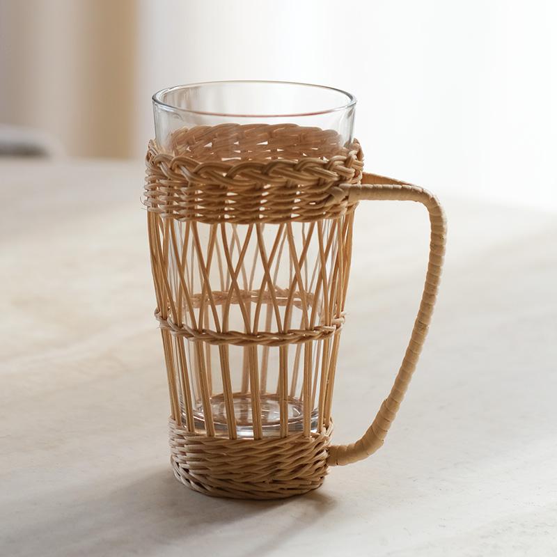Rattan with Handle Retro Glass Woven Cup Household Breakfast Milk Cup Thermal Insulation Water Cup