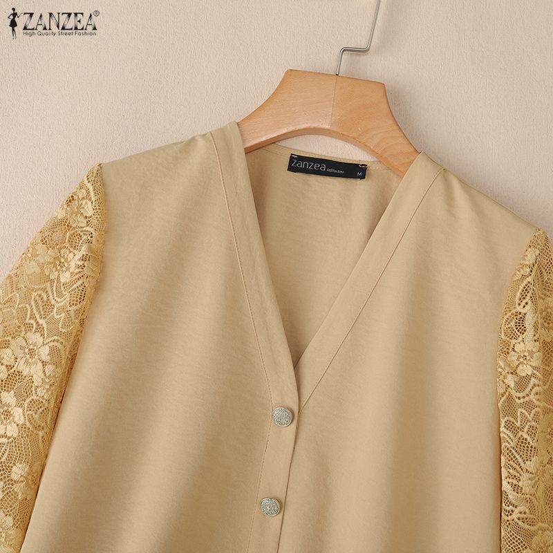 ZANZEA Women Casual V-Neck Loose Lace Splice 3/4 Sleeve Blouse