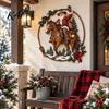 Holiday Home Interior Ornaments Cowboy Santa Riding Horse Metal Wall Art, Western Christmas Round Sign with Sturdy Ranch Accents Rope Border,