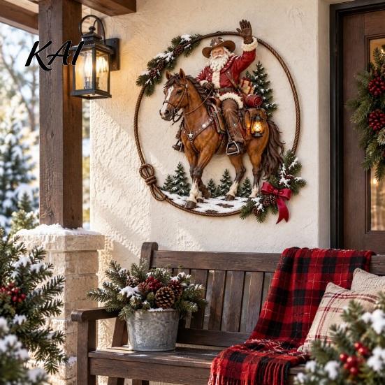 Holiday Home Interior Ornaments Cowboy Santa Riding Horse Metal Wall Art, Western Christmas Round Sign with Sturdy Ranch Accents Rope Border,