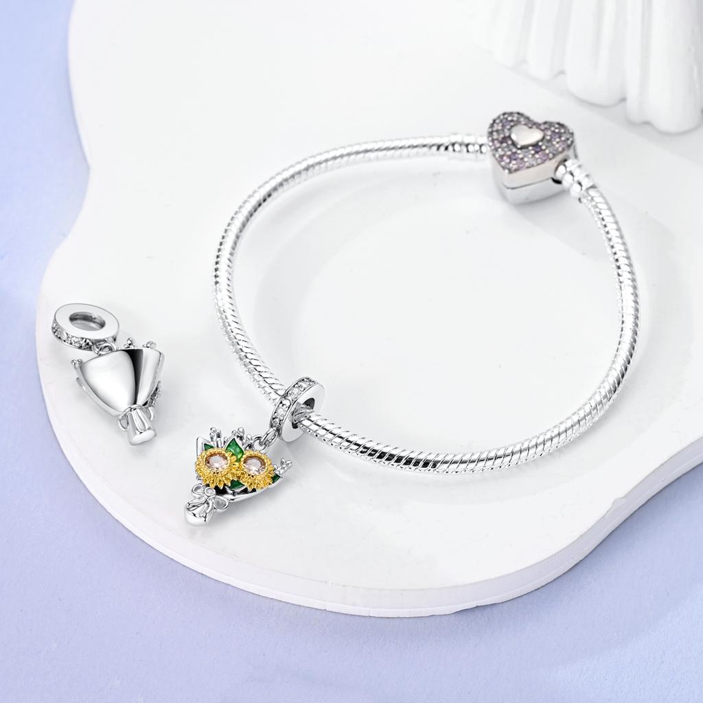 Copper Flower Serie Charms Beads Sunflower Tulip Pendants Fit Original Pan Bracelet Making Fashion Jewelry