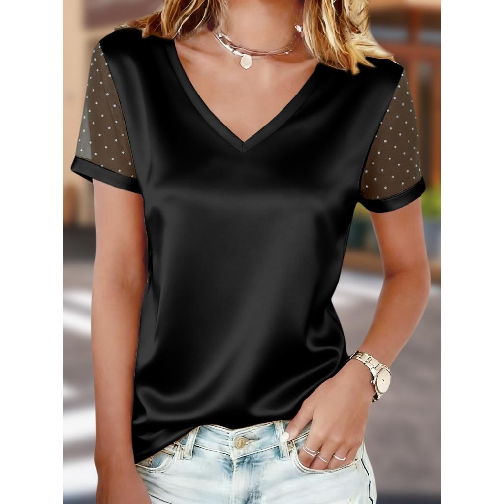 Summer Fashion Versatile Women's V-neck Short Sleeve T-shirt Mesh Flocked Casual Top For European And American Women