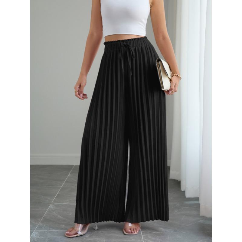 Fashion Loose Pleated Women's Long Pants Solid Color New Folded Elastic Waist Strap Loose Wide Leg Pants Casual Drawstring Trousers