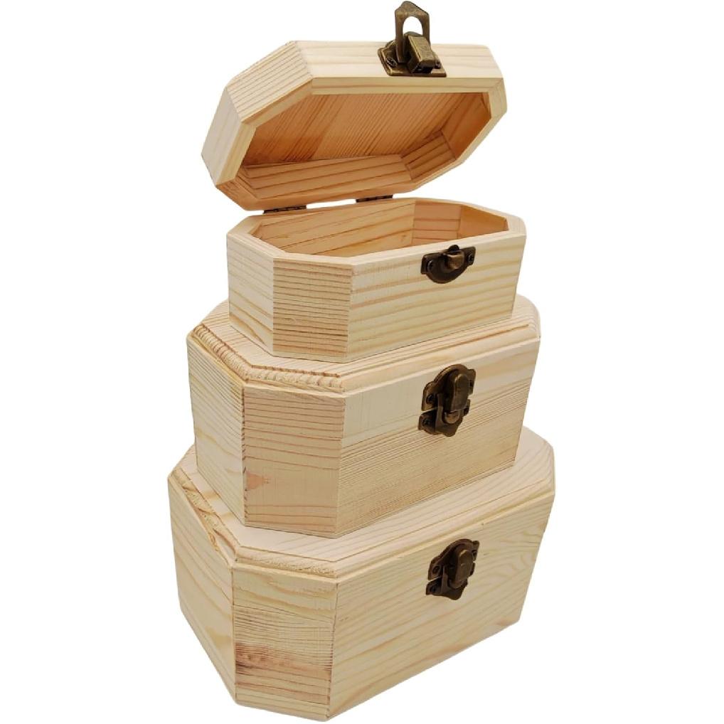 2 Pack Plain Unfinished Wooden Box, Hexagon Unpainted Wooden Jewellry Box DIY Storage Chest Treasure Case for Home Table Decoration